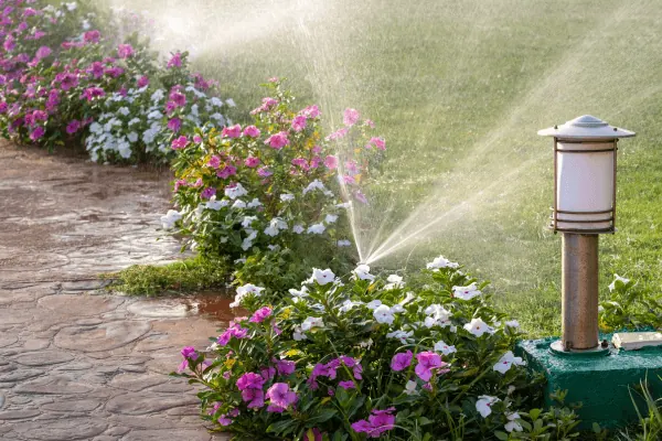 Garden sprinkler watering flower beds