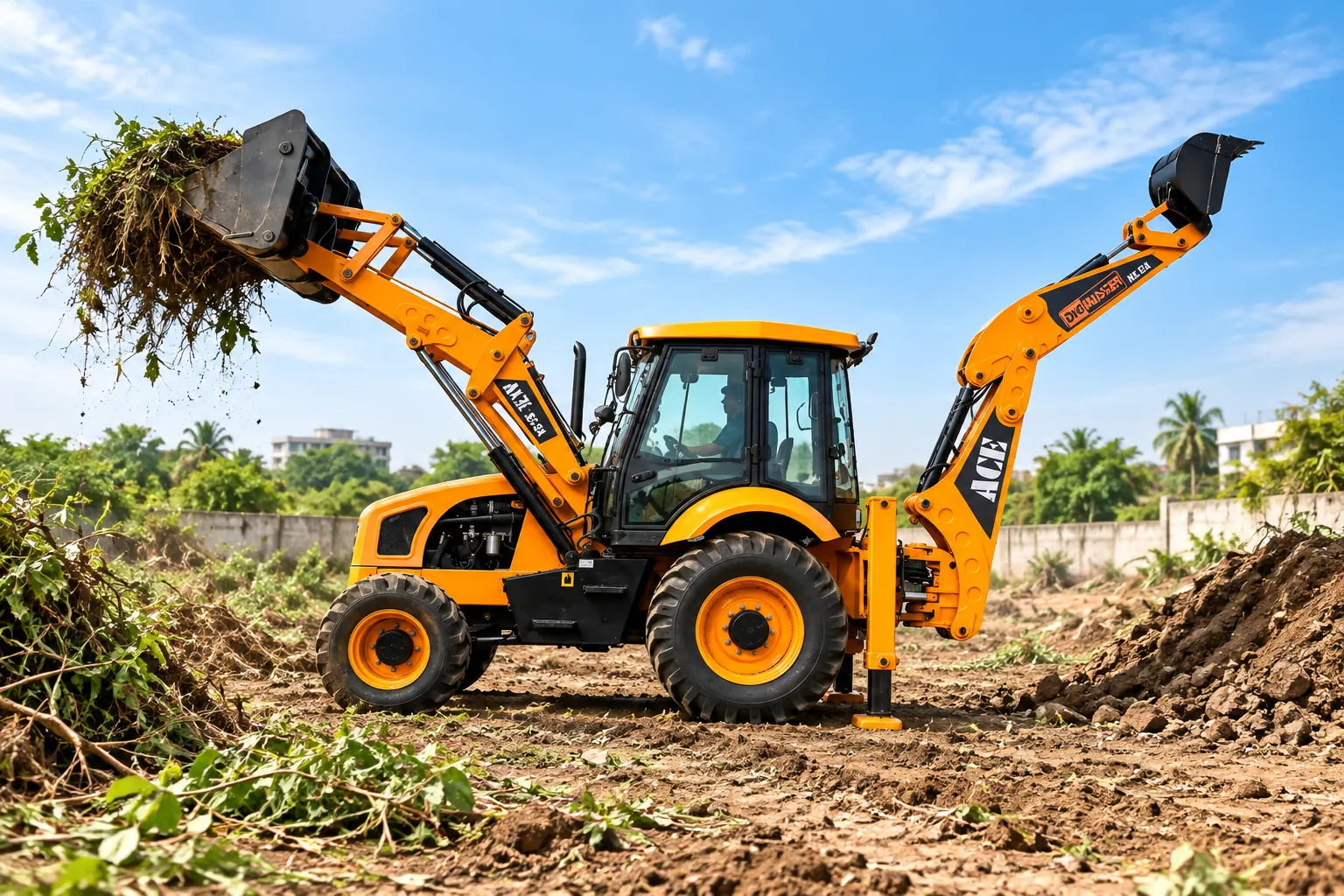 JCB machine clearing an overgrown plot in Bangalore